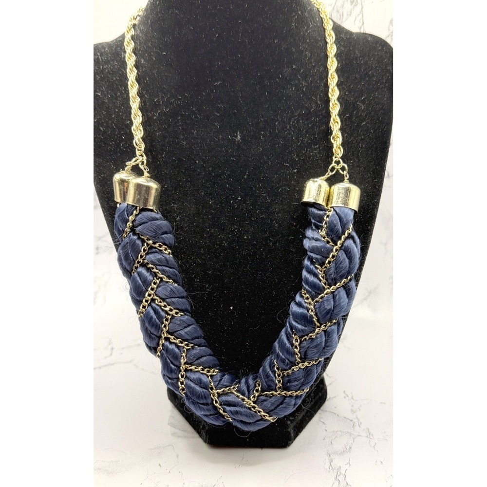 Chunky Navy Gold Chain Necklace Twisted Fabric Statement 22" Bold‎